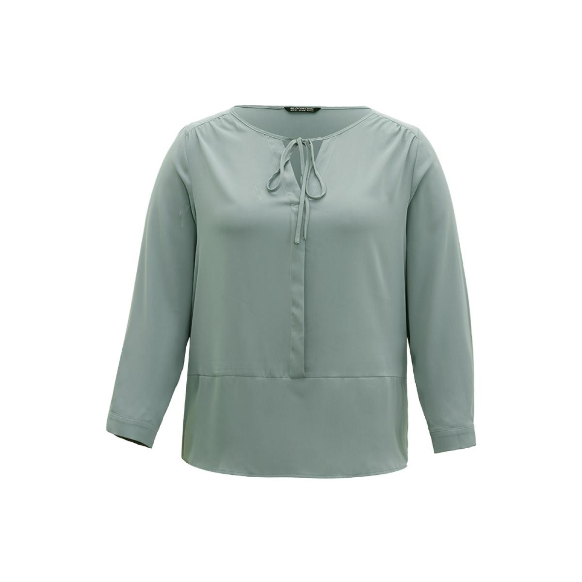 Plus Size SlateGray Solid Tie Neck Gathered Blouse Women Office Long Sleeve Tie Neck Office Blouses BloomChic 22-24/3X Product Image