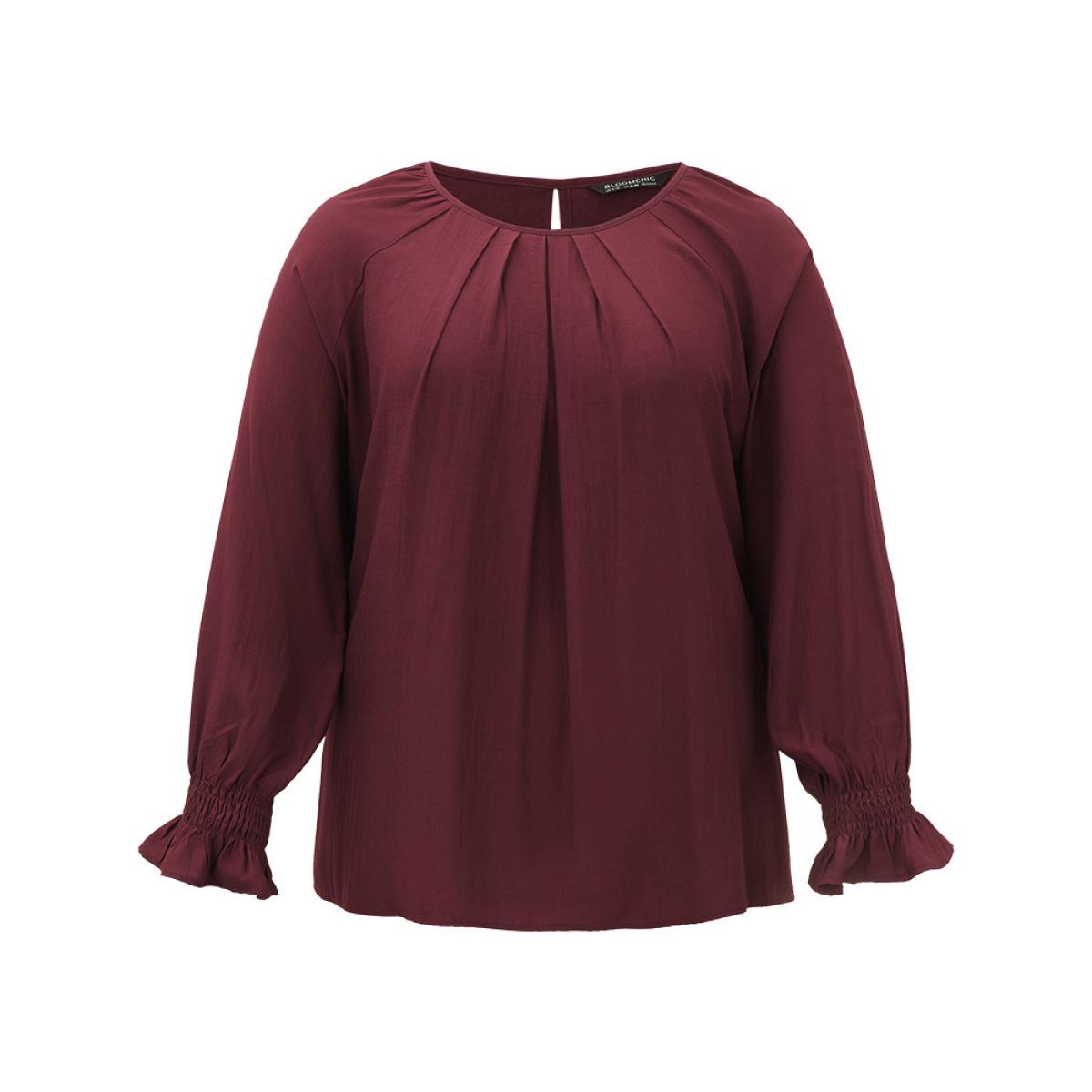 Plus Size Burgundy Supersoft Essentials Plain Plicated Detail Ruffle Trim Blouse Women Office Long Sleeve Round Neck Office Blouses BloomChic 30/6X Product Image