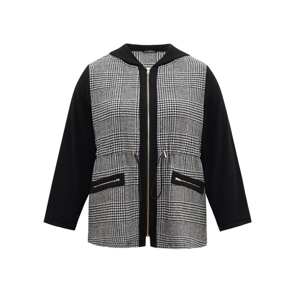 Plus Size Houndstooth Patchwork Zipper Drawstring Coat Women Gray Casual Lined Ladies Everyday Winter Coats BloomChic 26/4X Product Image