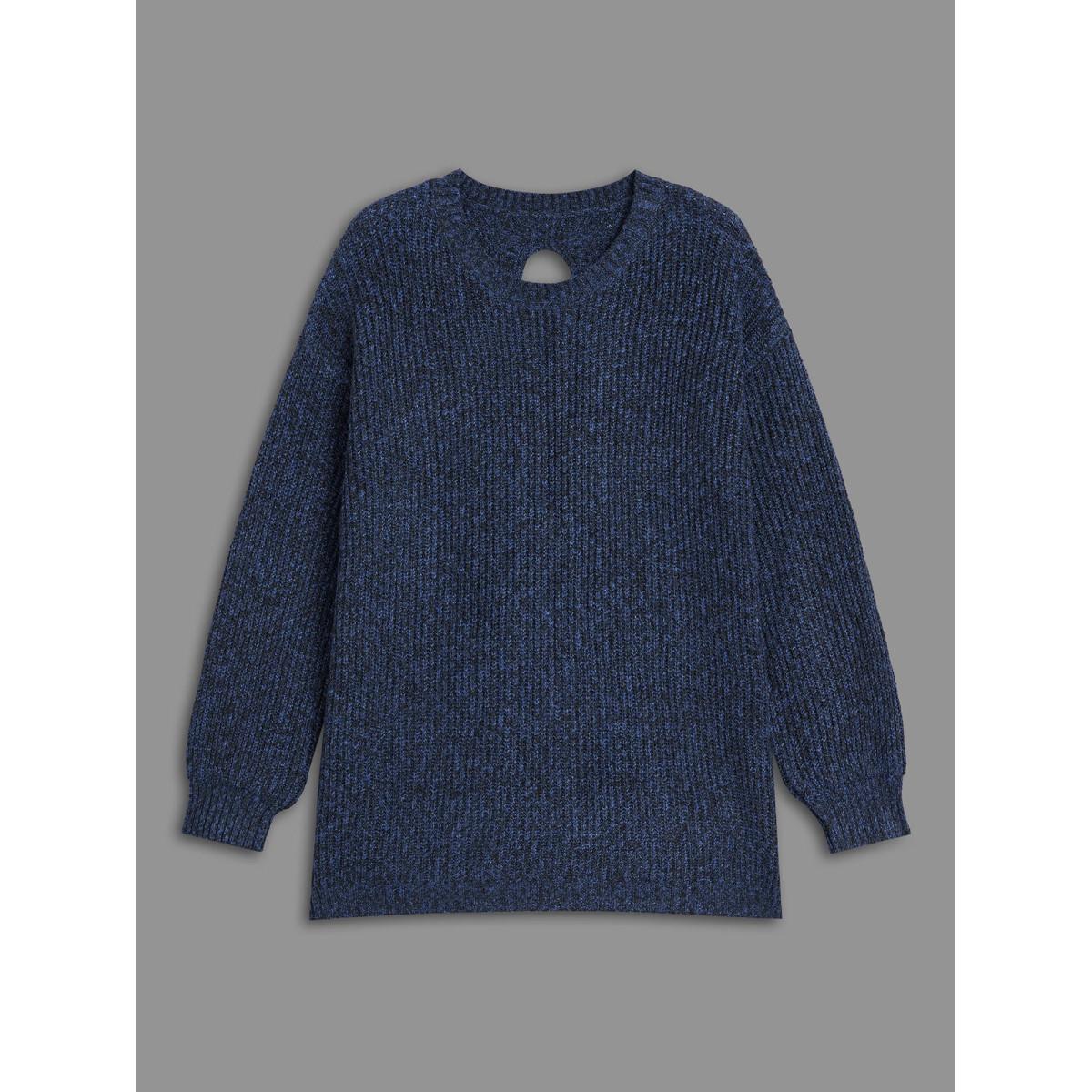 Plus Size Back Cut-Out Textured Drop Shoulder Sleeve Pullover Indigo Women Casual Loose Long Sleeve Round Neck Everyday Pullovers BloomChic 18-20/2X Product Image