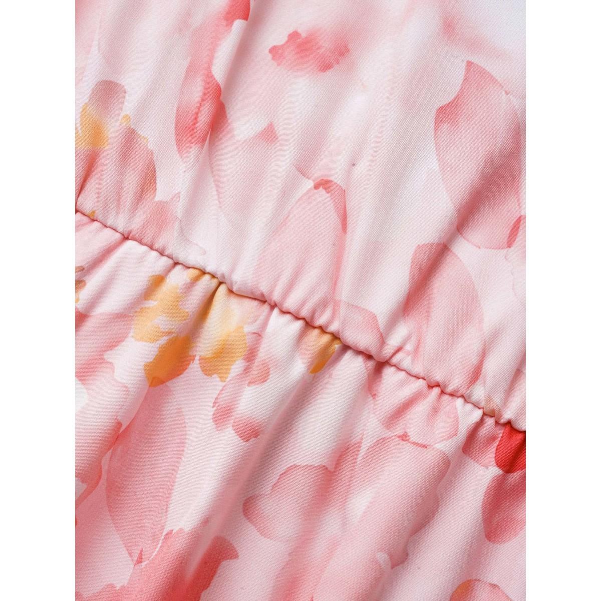 Plus Size Watercolor Floral Ruffles Asymmetrical Hem Dress Nudepink Women Elegant Belted Overlap Collar Cap Sleeve Curvy BloomChic 28/5X Product Image