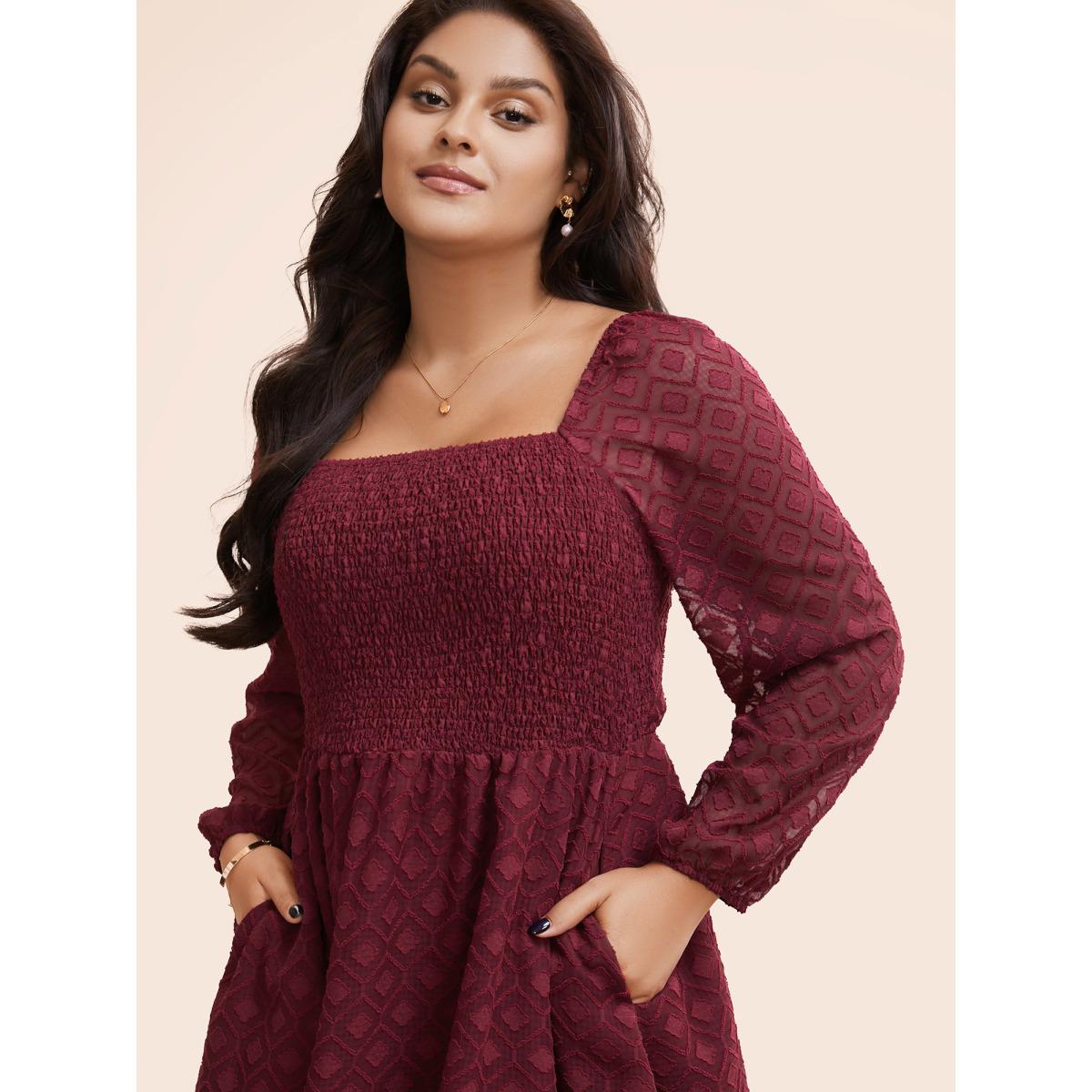 Plus Size Square Neck Textured Mesh Shirred Dress Burgundy Women Elegant Texture Square Neck Long Sleeve Curvy BloomChic 30/6X Product Image