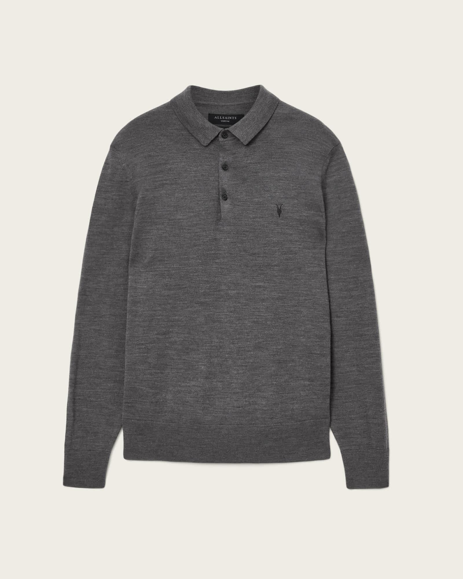 Mode Merino Long Sleeve Ramskull Polo Shirt MONUMENT GREY | ALLSAINTS US Product Image