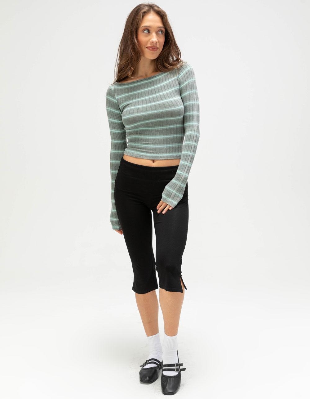 FULL TILT Stripe Boat Neck Womens Long Sleeve Tee - GREEN Product Image