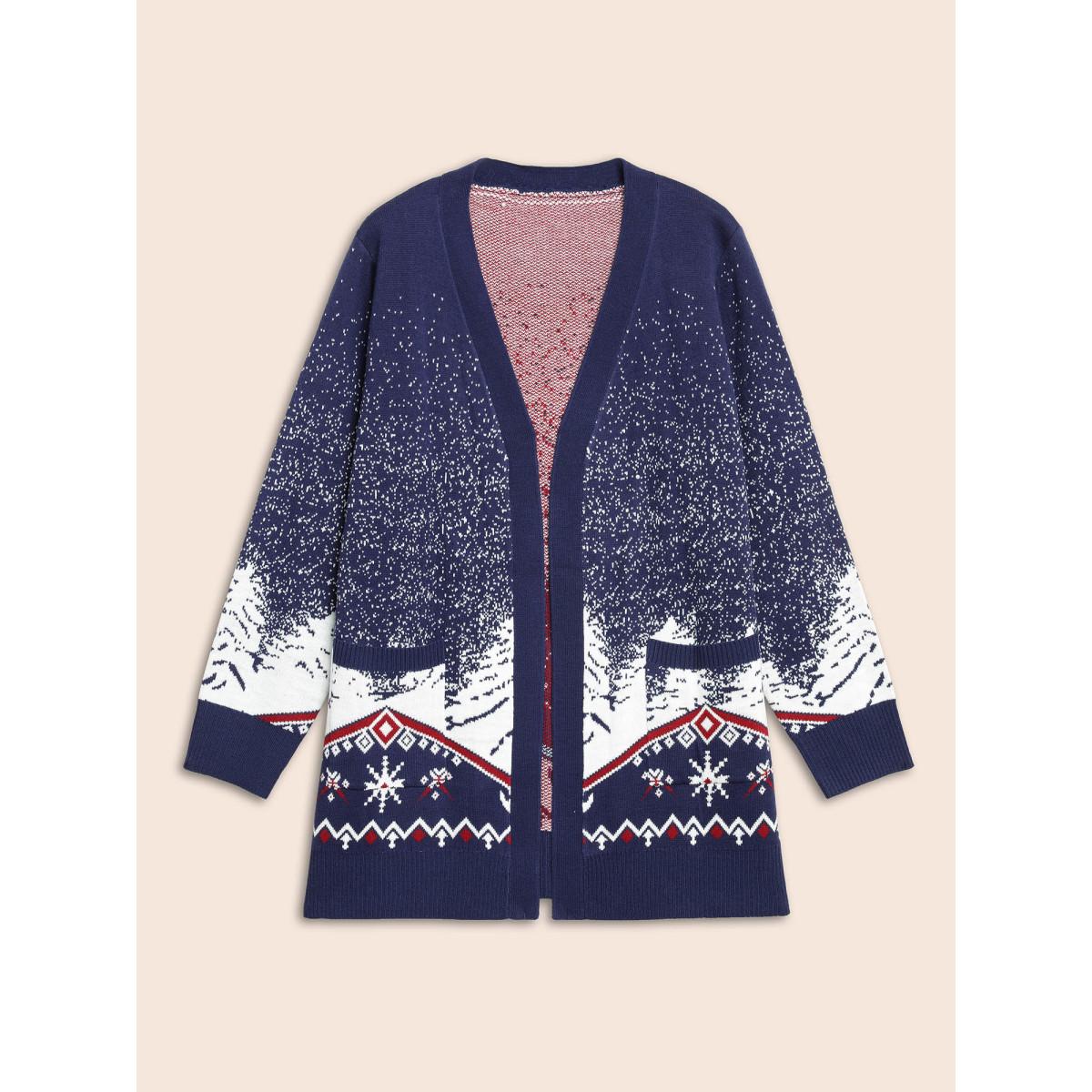 Plus Size Snowy Trees Print V-neck Open Cardigan Indigo Women Casual Loose Long Sleeve Everyday Cardigans BloomChic 12/L Product Image