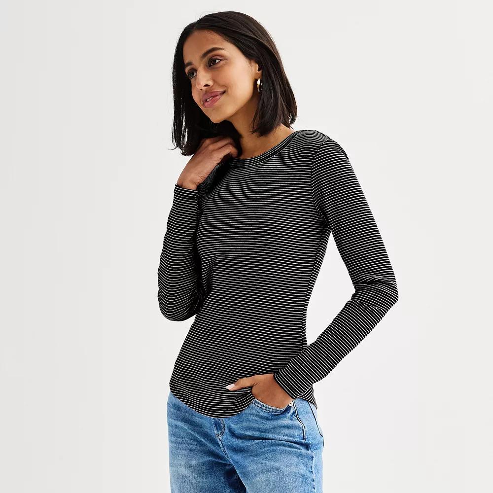 Women's Sonoma Goods For Life® Rib Slim Fit Long Sleeve Tee, Size: XL, Frost Black Stripe Product Image
