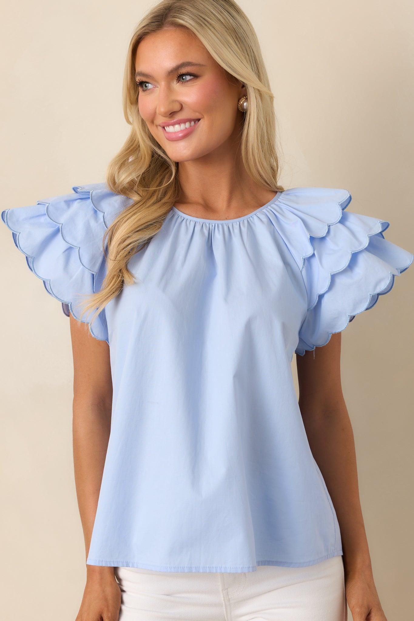 Bianca Blue Fog Cotton Embroidered Scallop Top Product Image