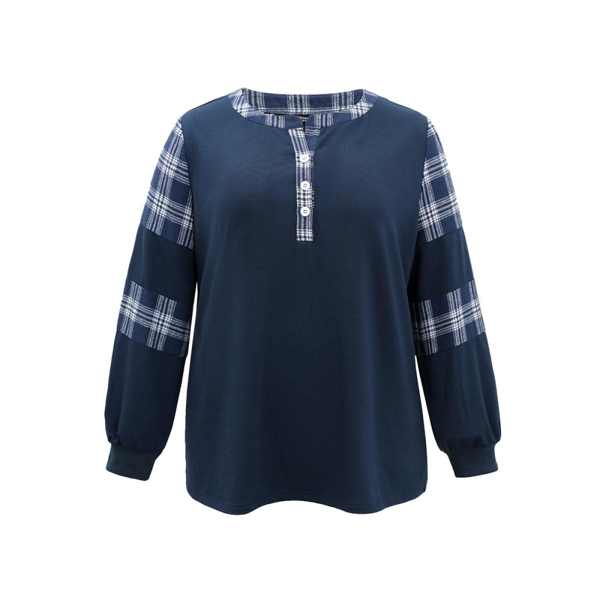 Plus Size Plaid Patchwork Button Up Rib Knit Sweatshirt Women Indigo Casual Elastic cuffs Open Front Dailywear Sweatshirts BloomChic 10/M Product Image