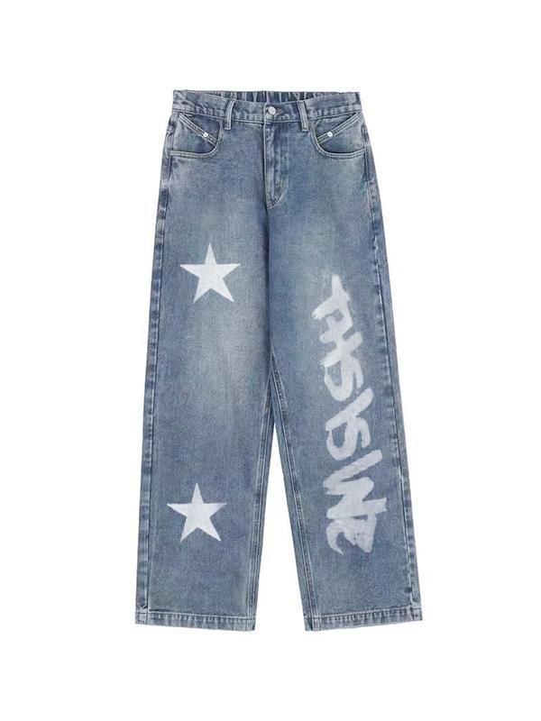 Washed Star Letter Print Boyfriend Jeans Product Image