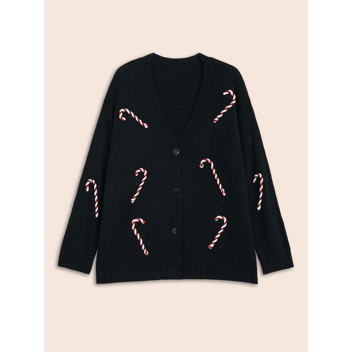 Plus Size Hand Crocheted Candy Cane V-neck Cardigan Black Women Casual Loose Long Sleeve Everyday Cardigans BloomChic 28/5X Product Image