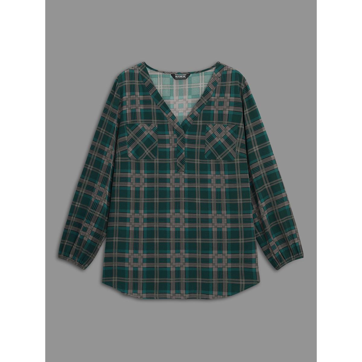 Plus Size DarkSlateGray Plaid Pattern Chest Pocket Blouse Women Elegant Extra Long Sleeve V-neck Everyday Blouses BloomChic 26/4X Product Image