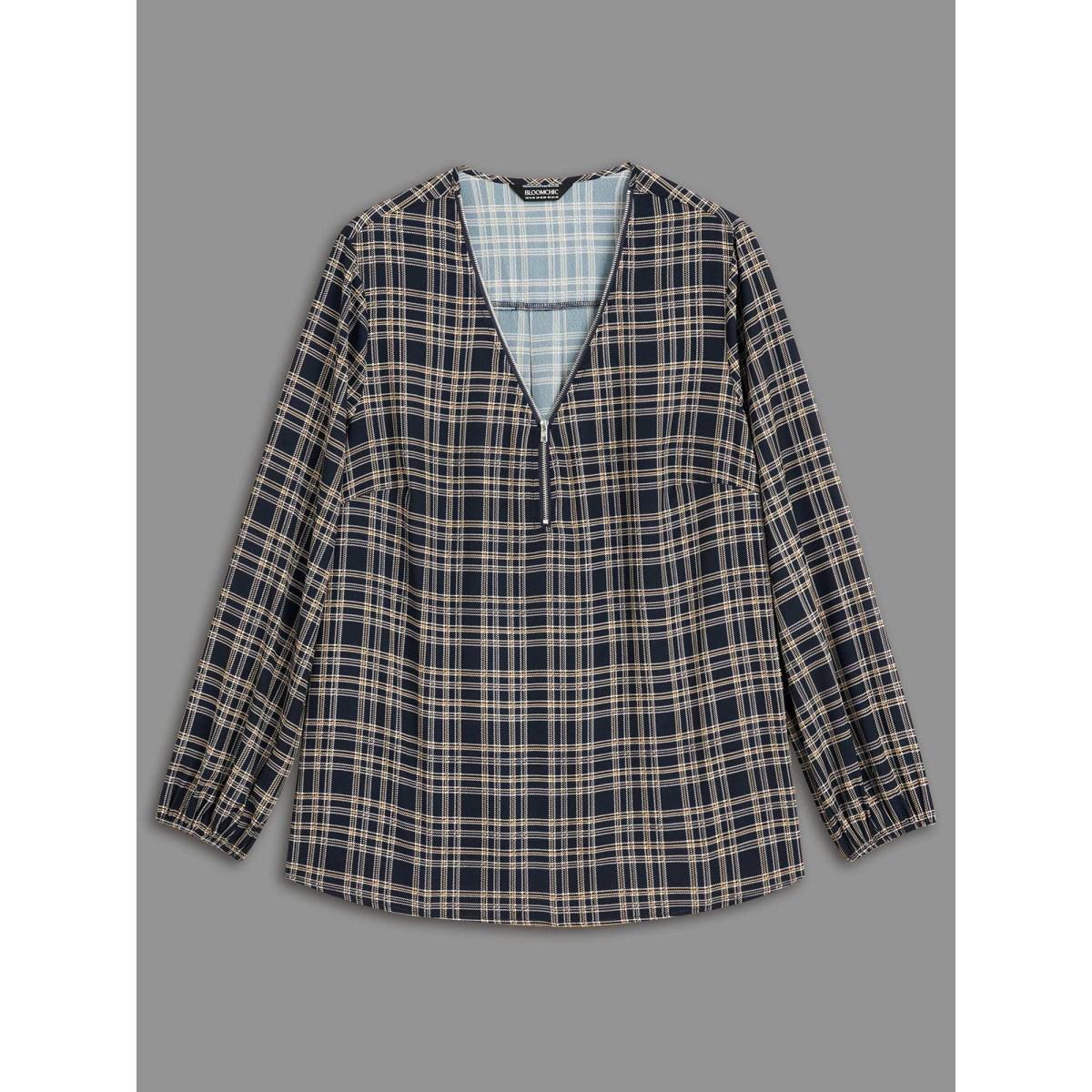 Plus Size Indigo Plaid Zipper Front Lantern Sleeve Blouse Women Timeless Long Sleeve V-neck Elegant Blouses BloomChic 18-20/2X Product Image