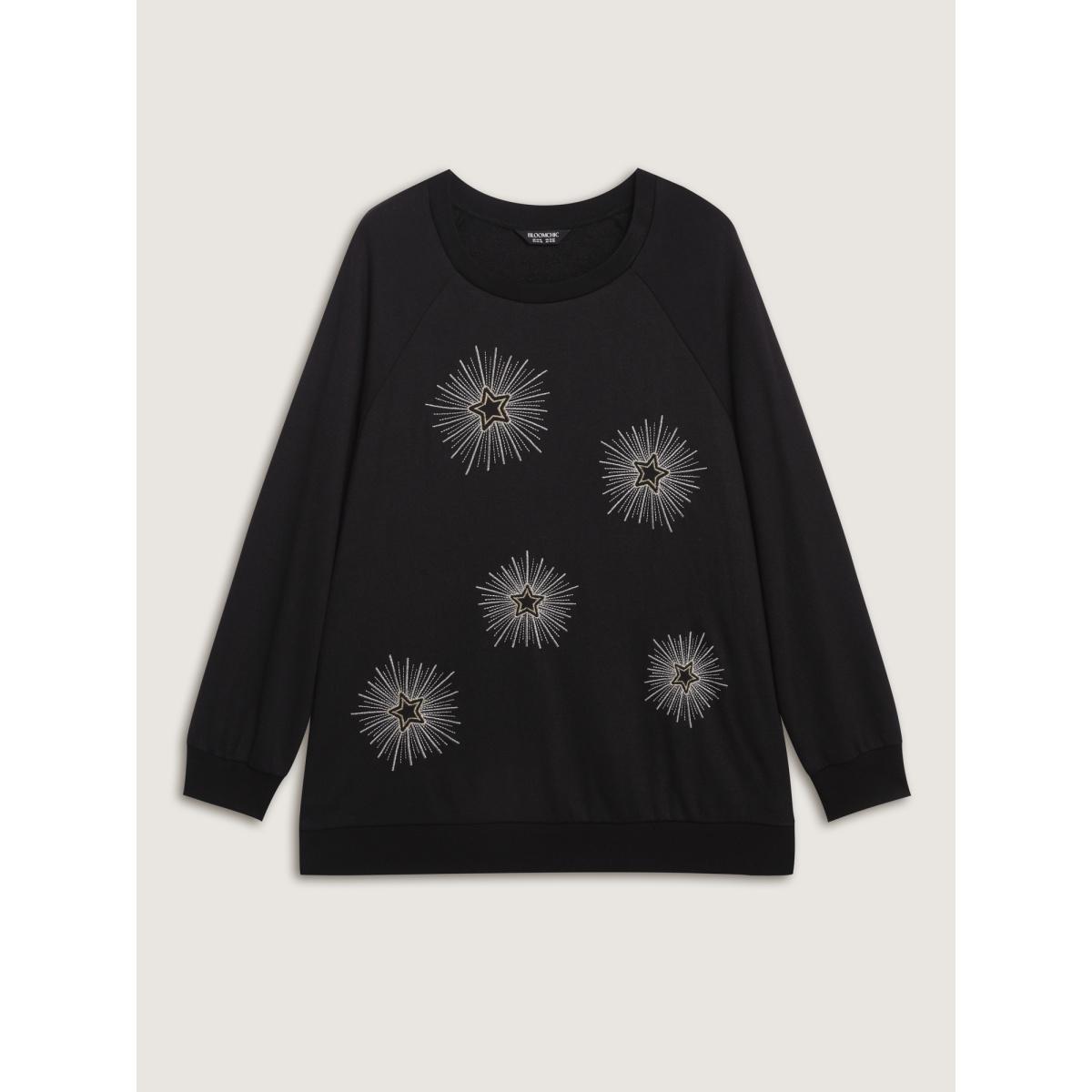 Plus Size Star Embroidery Round Neck Sweatshirt Women Black Leisure Round Neck Casual Sweatshirts BloomChic 10/M Product Image