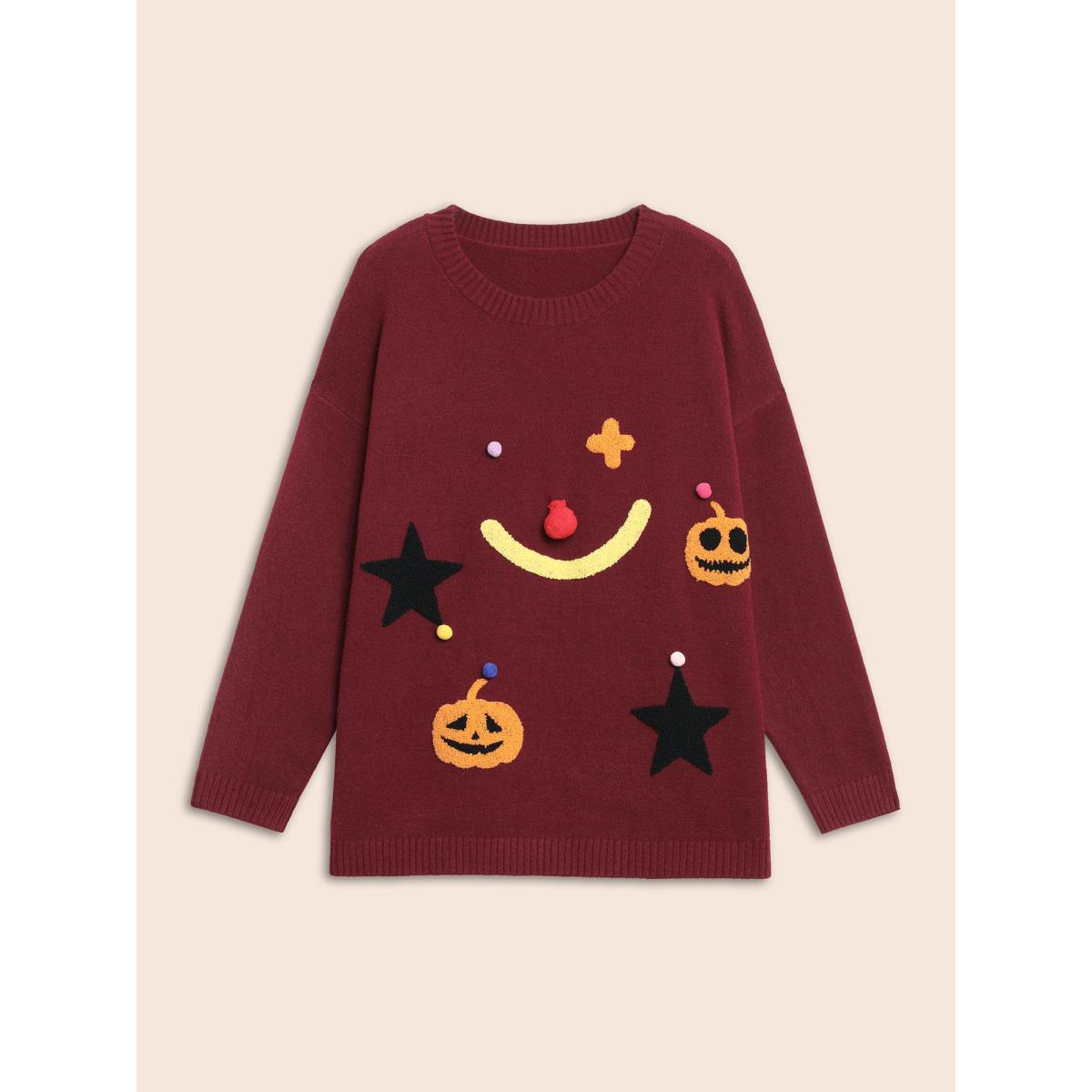 Plus Size Clown Pumpkin 3D Pompom Nose Pullover Burgundy Women Casual Loose Long Sleeve Round Neck Everyday Pullovers BloomChic 30/6X Product Image
