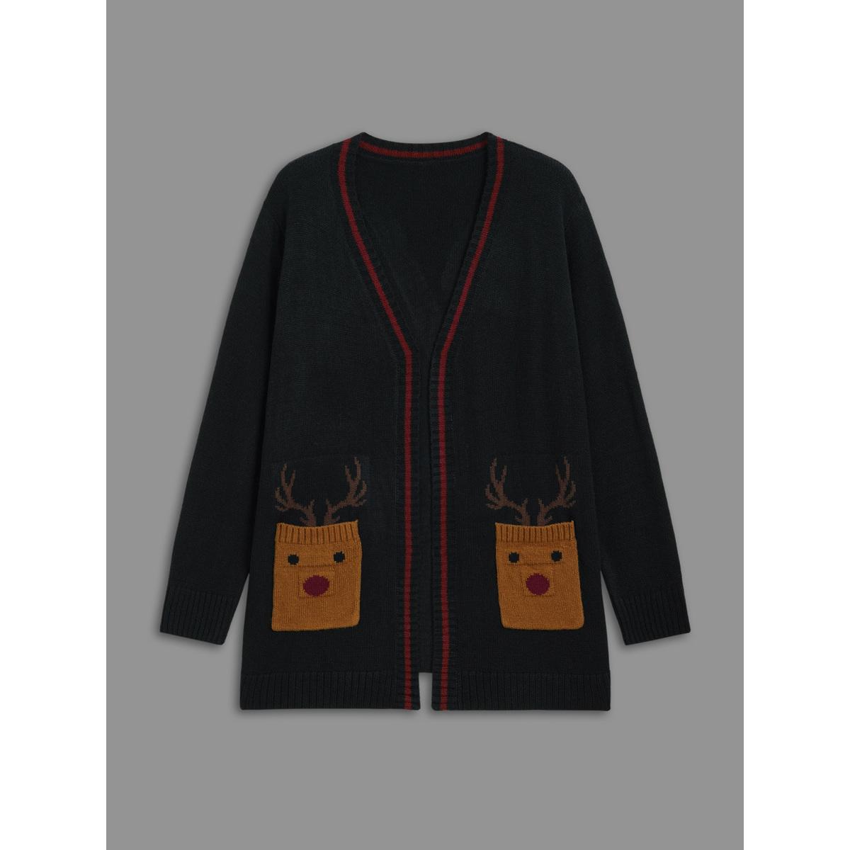 Plus Size Reindeer Pockets Contrast Placket Open Cardigan Black Women Casual Loose Long Sleeve Everyday Cardigans BloomChic 10/M Product Image