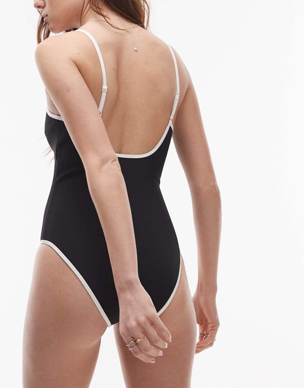 & Other Stories scoop back swimsuit with white contrast binding in black Product Image