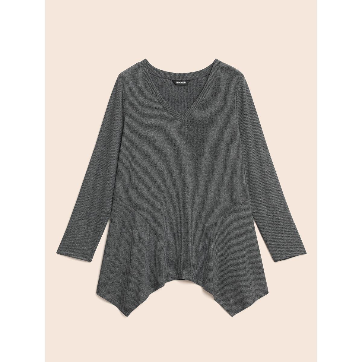 Plus Size Solid V Neck Asymmetrical Hem T-shirt DimGray Women Casual Texture V-neck Bodycon Everyday T-shirts BloomChic 12/L Product Image