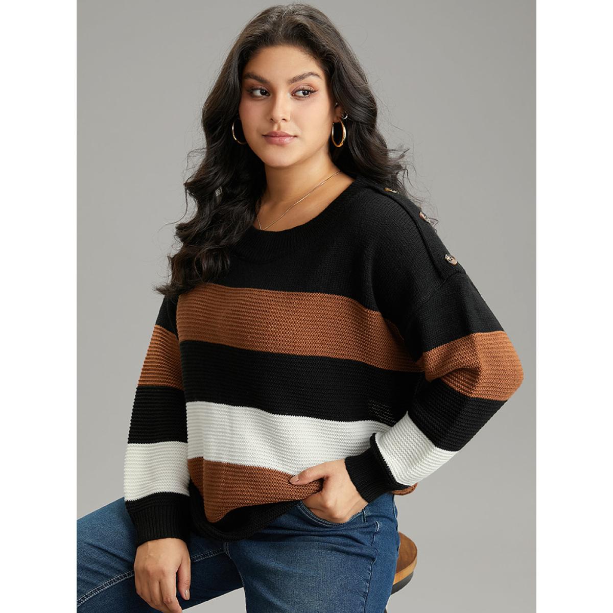 Plus Size Colorblock Contrast Button Detail Crew Neck Pullover Black Women Casual Loose Long Sleeve Round Neck Everyday Pullovers BloomChic 18-20/2X Product Image
