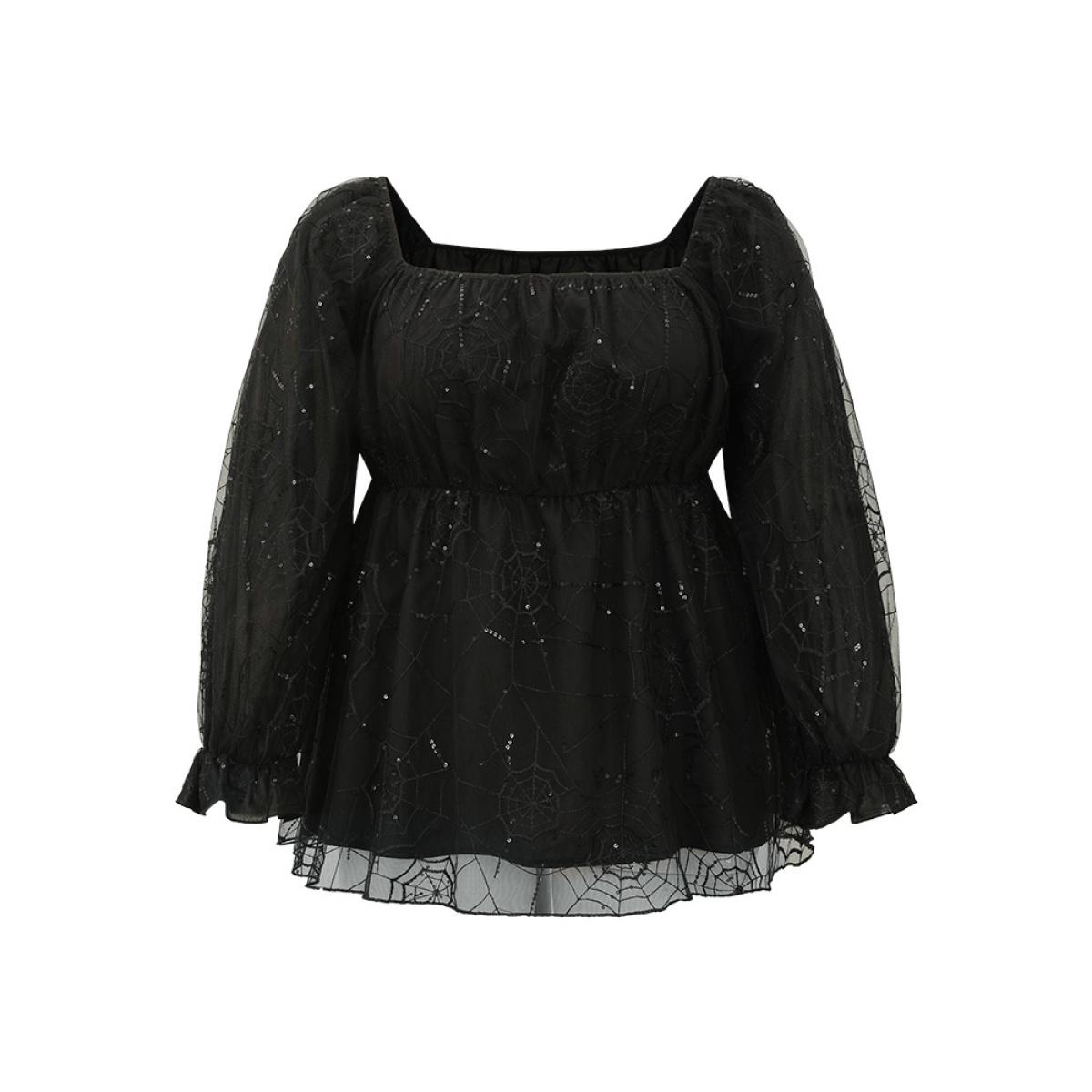 Plus Size Black Halloween Square Neck Spider Web Crochet Lace Mesh Blouse Women Glamour Long Sleeve Square Neck Festival-Halloween Blouses BloomChic 26/4X Product Image
