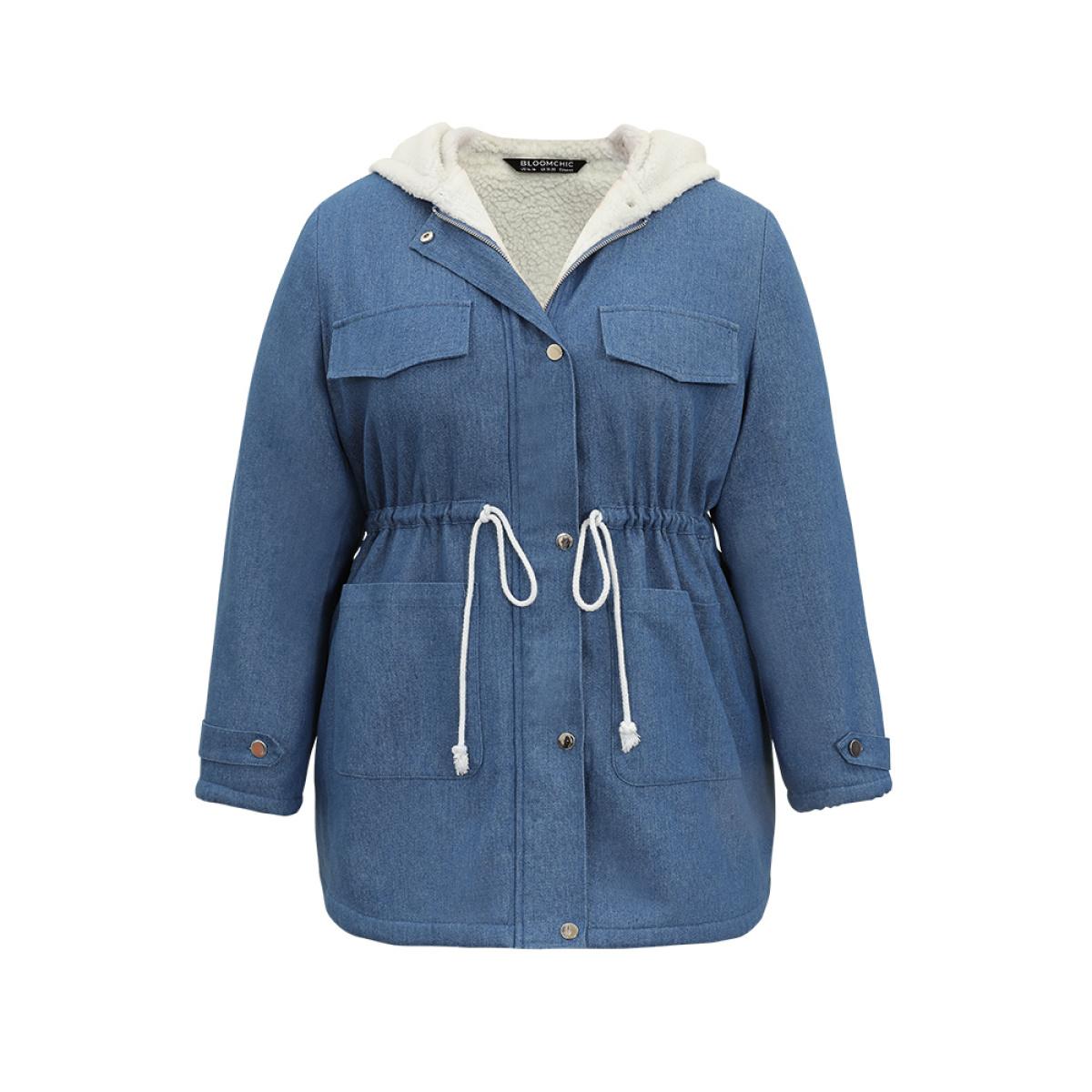 Plus Size Denim Patchwork Fuzzy Trim Drawstring Hooded Coat Women LightBlue Casual Contrast Ladies Dailywear Winter Coats BloomChic 14-16/1X Product Image