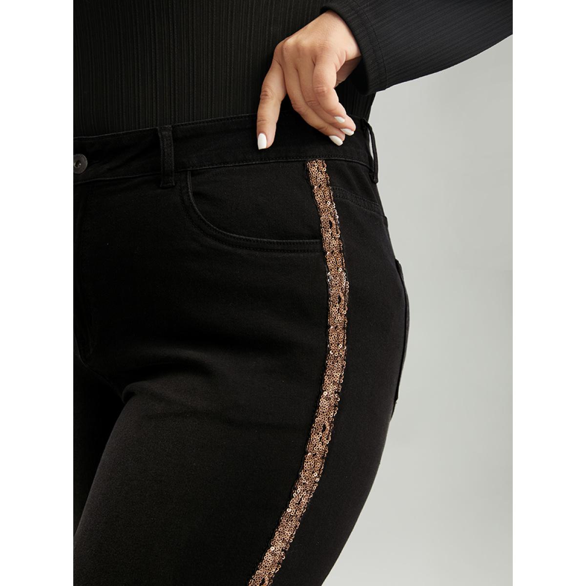 Plus Size Sequin Patchwork Black Wash Straight Leg Jeans Women Black Casual Galaxy Sequin High stretch Pocket Jeans BloomChic 26/4X Product Image