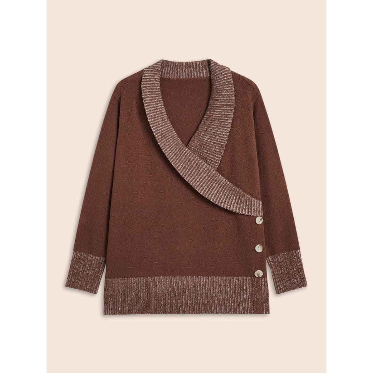 Plus Size Overlap Collar Contrast Button Detail Pullover Rust Women Casual Long Sleeve Overlap Collar Everyday Pullovers BloomChic 14-16/1X Product Image