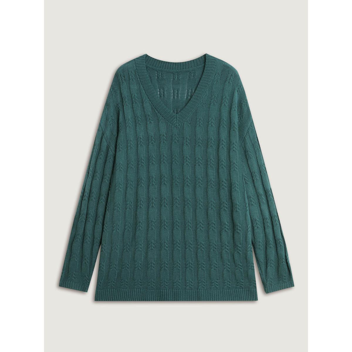 Plus Size Cable Knit Textured V-Neck Pullover DarkSlateGray Women Leisure Loose Long Sleeve V-neck Casual Pullovers BloomChic 12/L Product Image