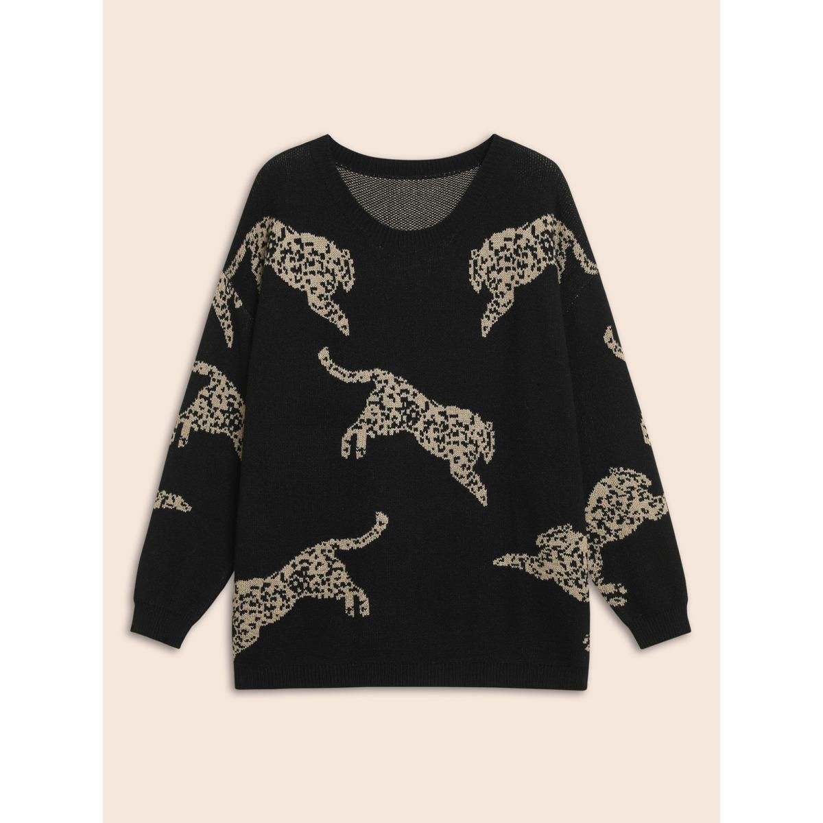 Plus Size Animal Jacquard Drop Shoulder Sleeve Pullover Black Women Casual Long Sleeve Round Neck Everyday Pullovers BloomChic 14-16/1X Product Image