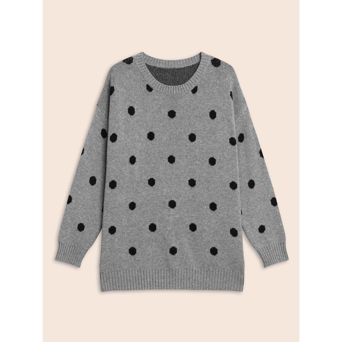 Plus Size Polka Dot Drop Shoulder Sleeve Pullover Mediumgray Women Casual Loose Long Sleeve Round Neck Everyday Pullovers BloomChic 10/M Product Image