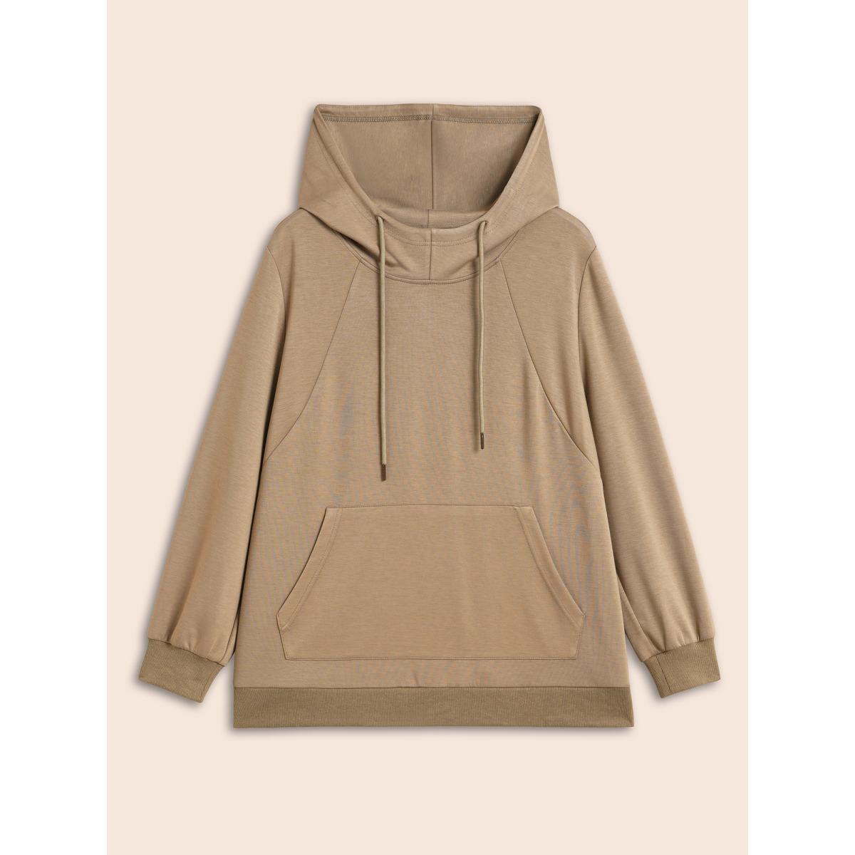 Plus Size Airy Cozy Hooded Sweatshirt Women Tan Casual Patchwork Hooded Everyday Sweatshirts BloomChic 18-20/2X Product Image
