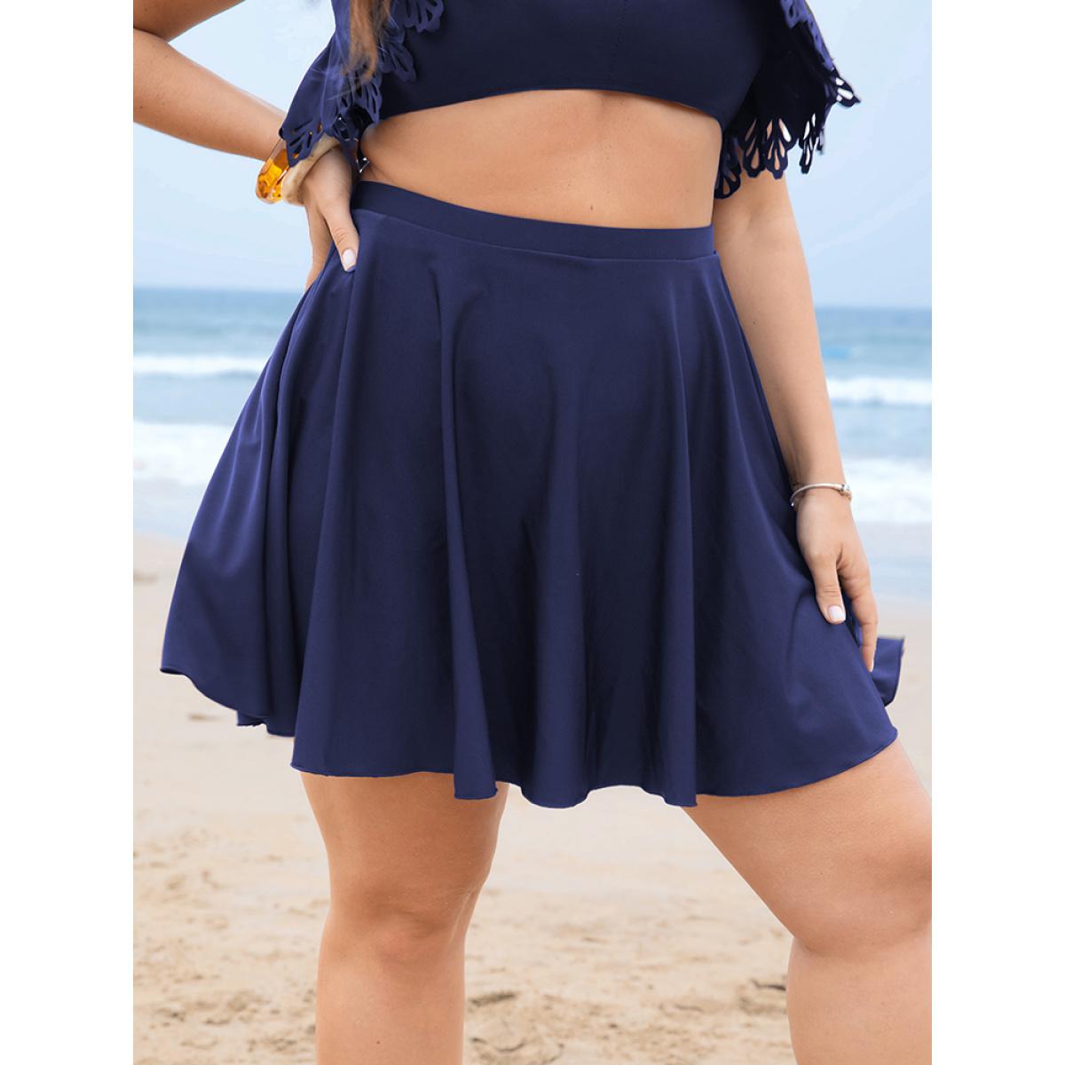Plus Size Solid Pocket Ruffles Swim Skirt Women's Swimwear Indigo Beach Non High stretch Bodycon High Rise Slanted pocket Curve Swim Bottoms BloomChic 12/L Product Image