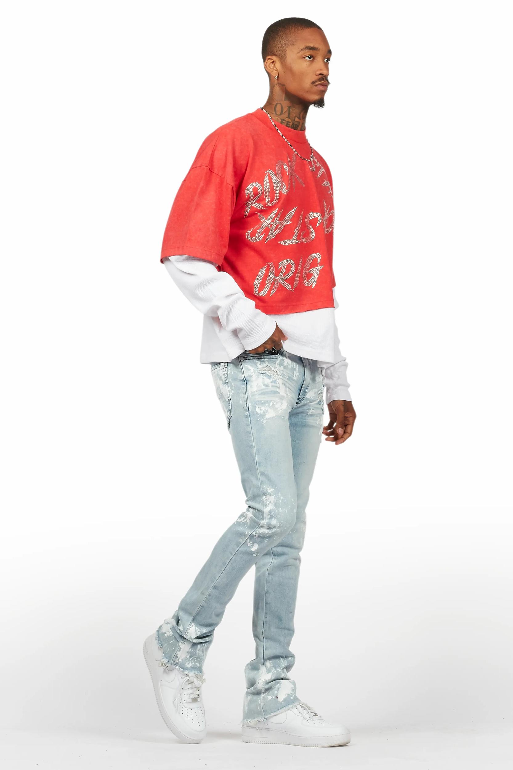 Bence Vintage Red Thermal Double Layer Boxy Crop T-Shirt Male Product Image