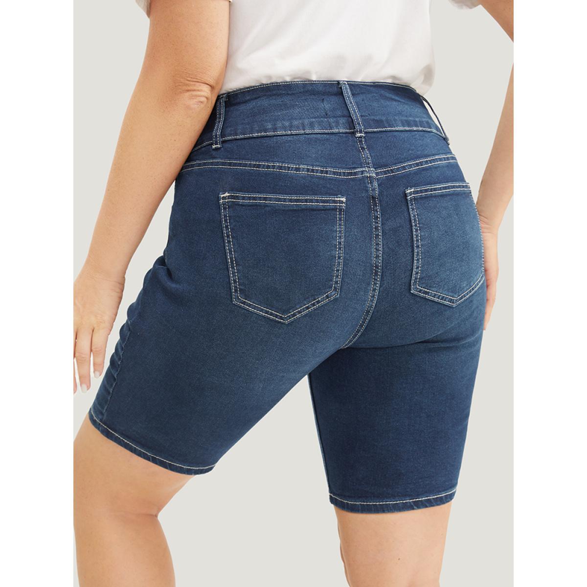 Plus Size Slightly Stretchy High Rise Black Wash Denim Shorts Women Indigo Casual Plain Button Low stretch Side seam pocket Jeans BloomChic 20/2X Product Image