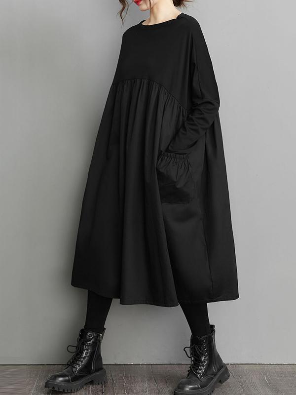 Simple Loose Black Split-Joint Long Sleeves Midi Dress Product Image