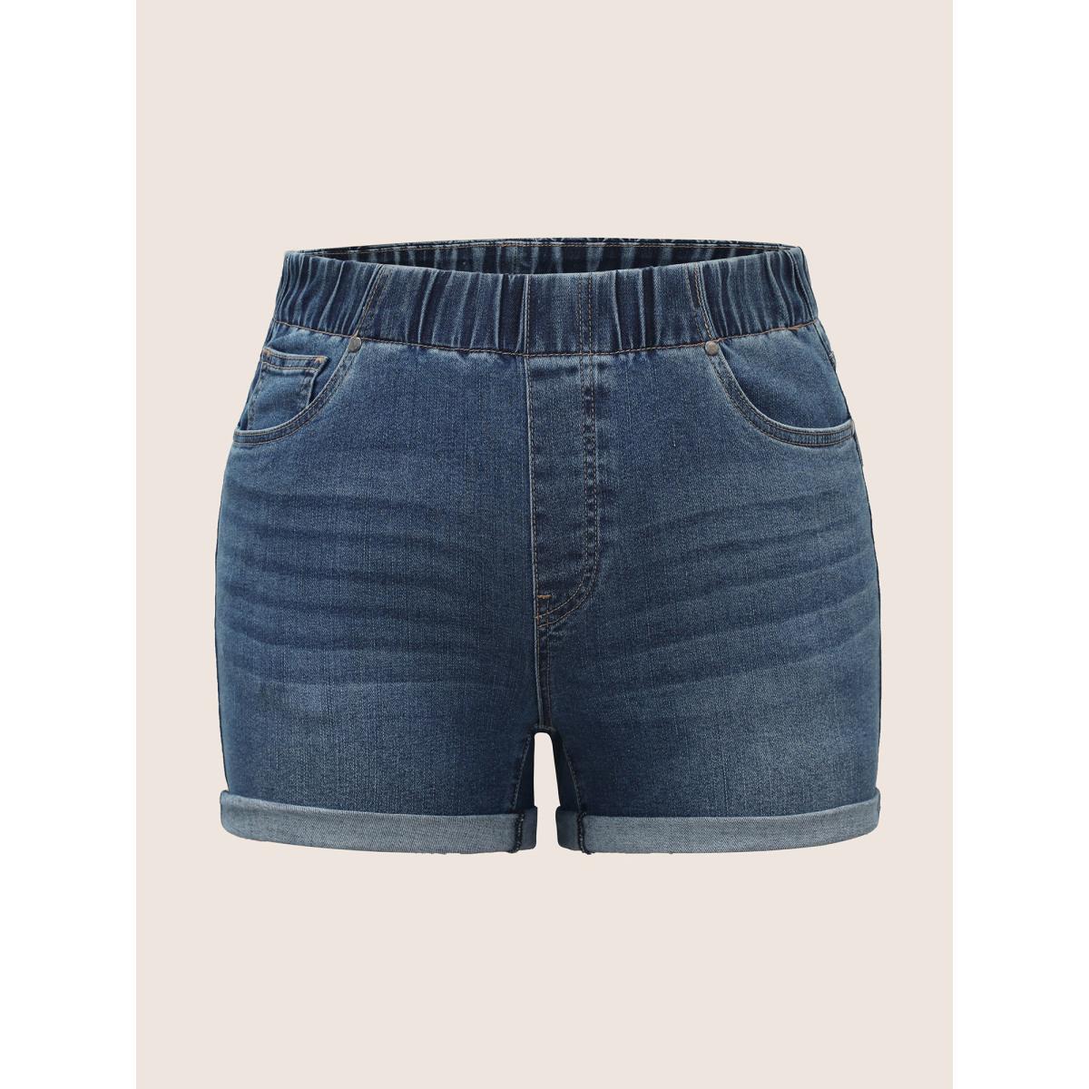 Plus Size Dark Wash Elastic Waist Roll Hem Denim Shorts Women DarkBlue Roll Hem Medium stretch Everyday Slanted pocket Casual Denim Shorts BloomChic 12/L Product Image