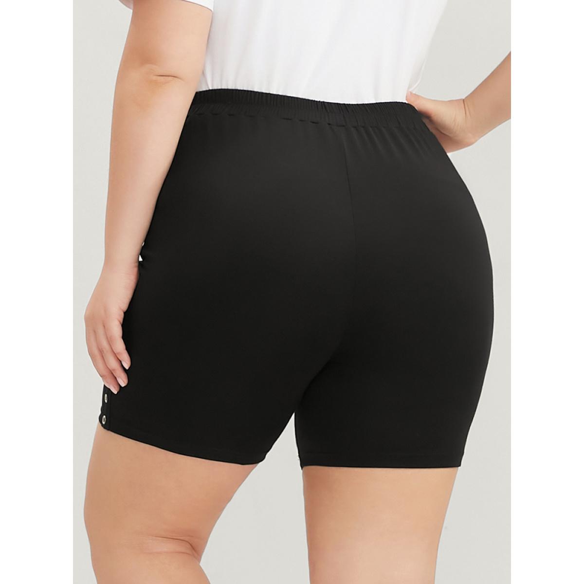 Plus Size Plain Studded Detail Elastic Waist Shorts Women Black Casual Low stretch Skinny High Rise Dailywear Leggings BloomChic 10/M Product Image