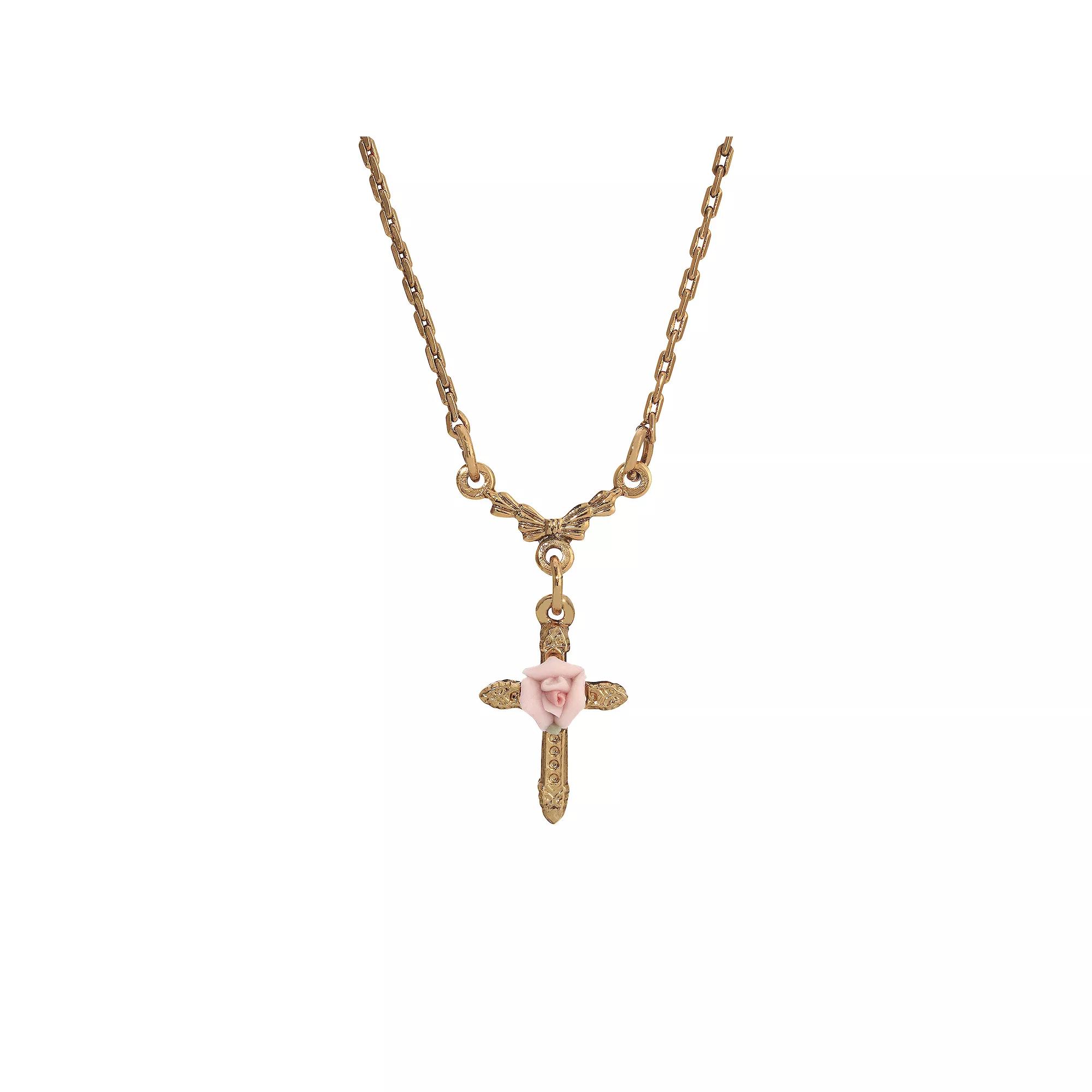 1928 Gold Tone Rose Cross Necklace, Womens, Pink Product Image