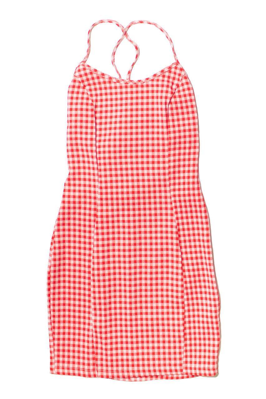 Red Gingham Lace Up Back Mini Dress Product Image