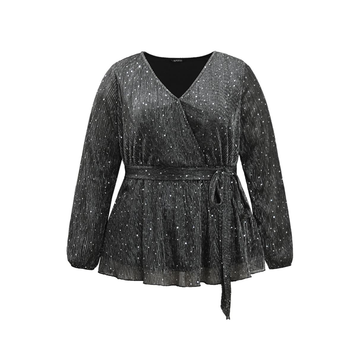 Plus Size Black Halloween Sequin Belted Elastic Waist Ruffle Hem Blouse Women Party Long Sleeve V-neck Festival-Halloween Blouses BloomChic 10/M Product Image