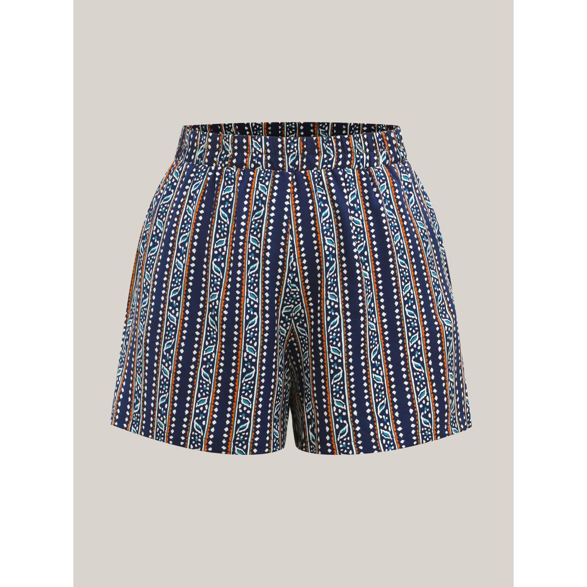 Plus Size Boho Stripes Pockets Straight-Leg Shorts Women Indigo Resort Straight Leg Vacation Shorts BloomChic 26/4X Product Image