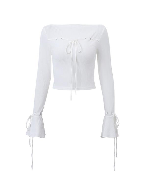 Ribbed Bow Lace Up Flare Long Sleeve Knit Product Image