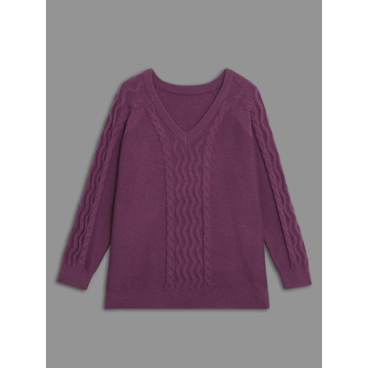 Plus Size Plain V Neck Cable Knit Pullover Deeppurplered Women Casual Loose Long Sleeve V-neck Everyday Pullovers BloomChic 22-24/3X Product Image