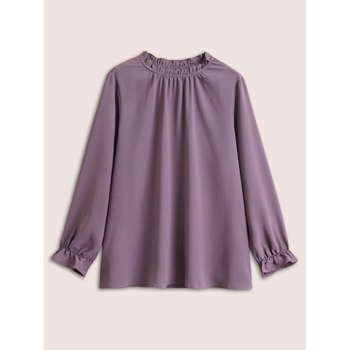 Plus Size Mauve Plain Lantern Sleeve Ruffle Trim Mock Neck Blouse Women Work From Home Long Sleeve Mock Neck Work Blouses BloomChic 12/L Product Image