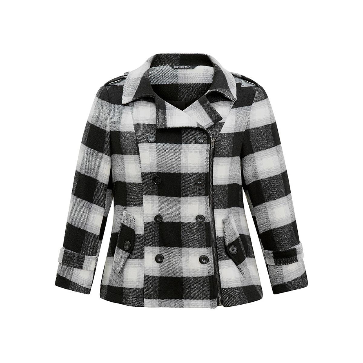 Plus Size Plaid Zipper Fly Double Breasted Detail Coat Women Black Casual Contrast Ladies Dailywear Winter Coats BloomChic 12/L Product Image