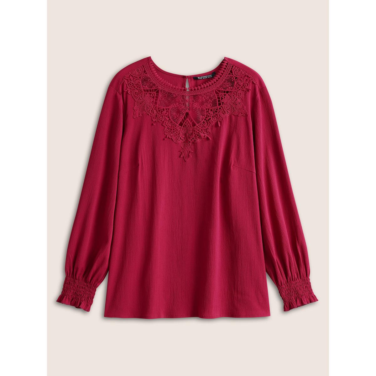 Plus Size Scarlet Lace Patchwork Shirred Crinkle Gauze Blouse Women Elegant Long Sleeve Round Neck Everyday Blouses BloomChic 26/4X Product Image
