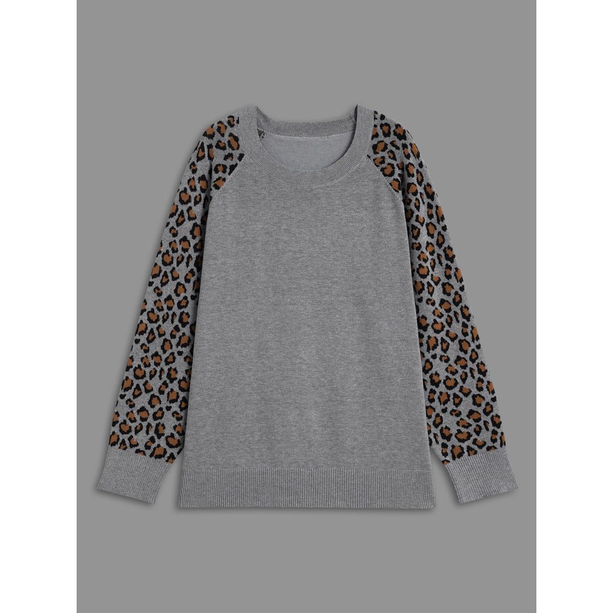 Plus Size Leopard Print Raglan Sleeve Pullover DarkGray Women Casual Loose Long Sleeve Round Neck Everyday Pullovers BloomChic 22-24/3X Product Image