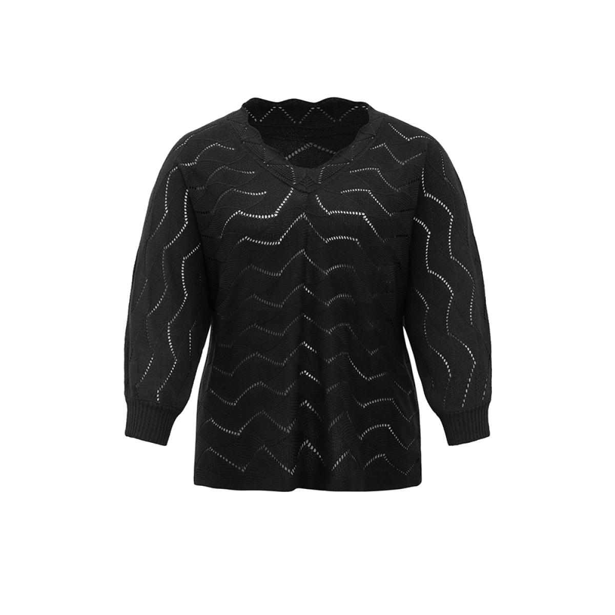 Plus Size Plain Geometric Eyelet Elastic Cuffs Patchwork Pullover Black Women Casual Loose Long Sleeve V-neck Dailywear Pullovers BloomChic 14-16/1X Product Image