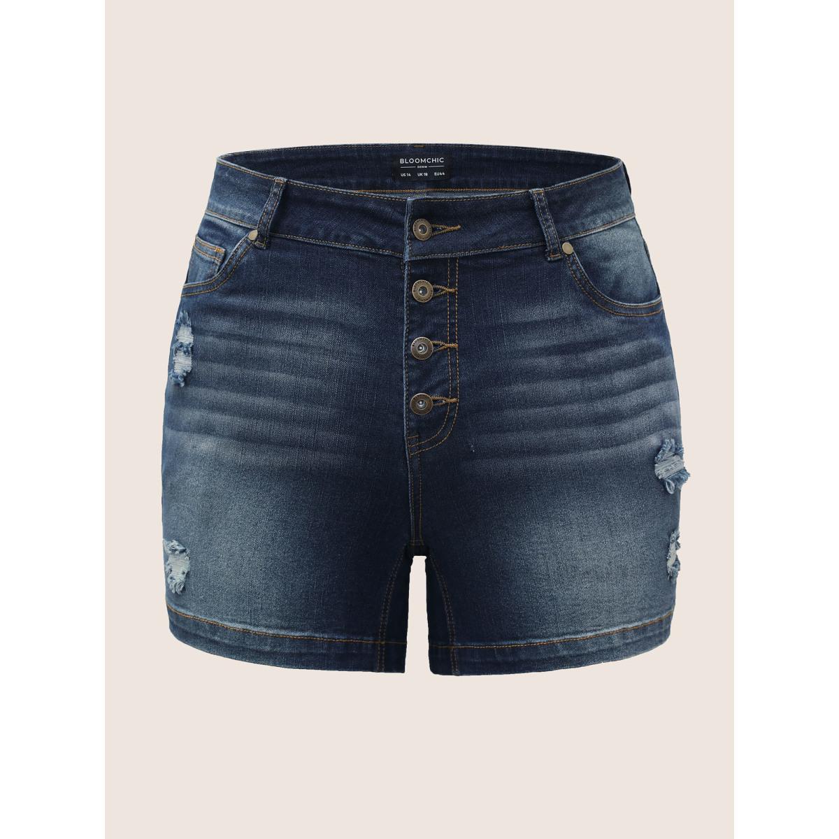 Plus Size Dark Wash Button Up Distressed Denim Shorts Women Midnight Distressed High stretch Everyday Slanted pocket Casual Denim Shorts BloomChic 20/2X Product Image
