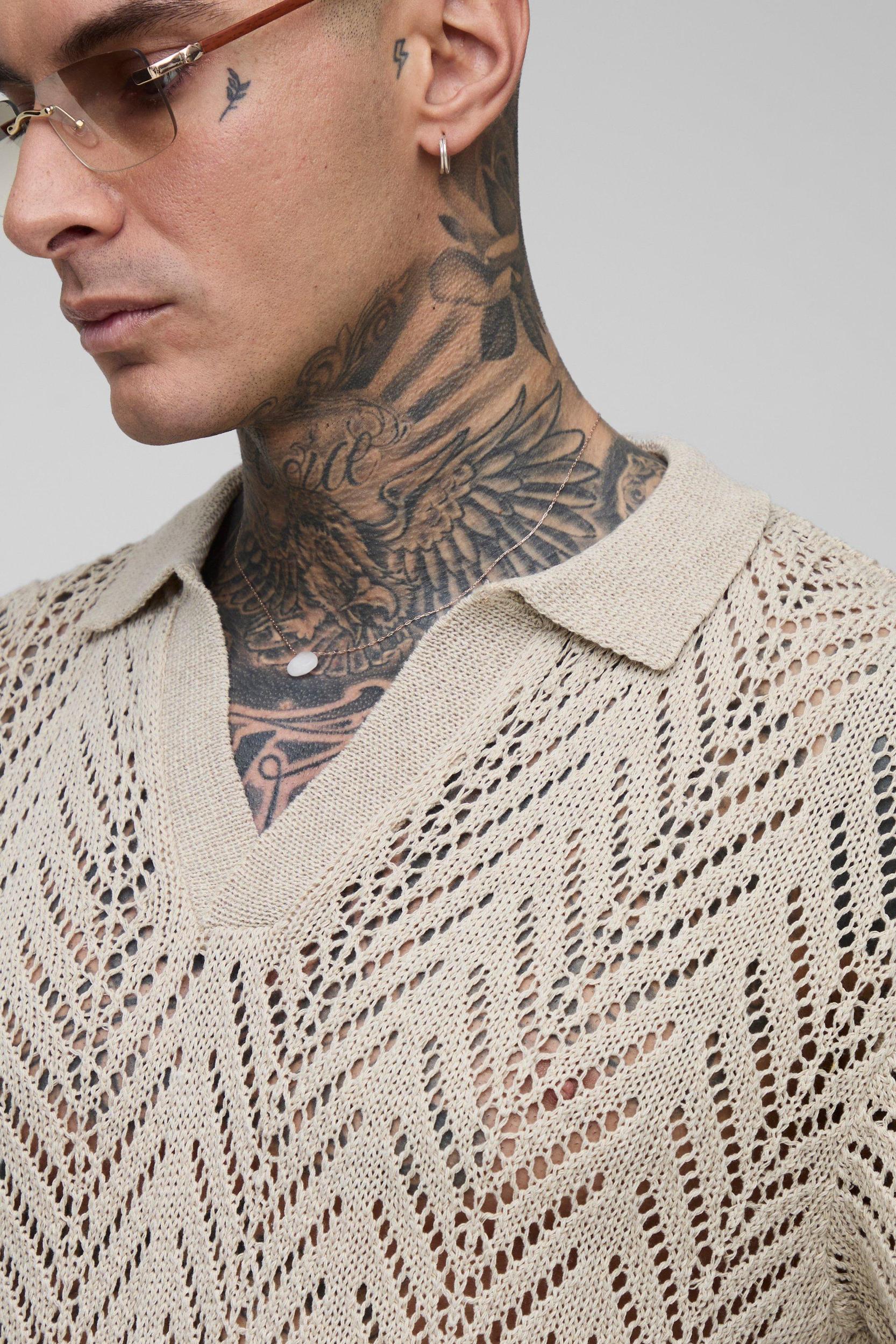 Tall Boxy Oversized Abstract Stripe Crochet Polo | boohooMAN USA Product Image