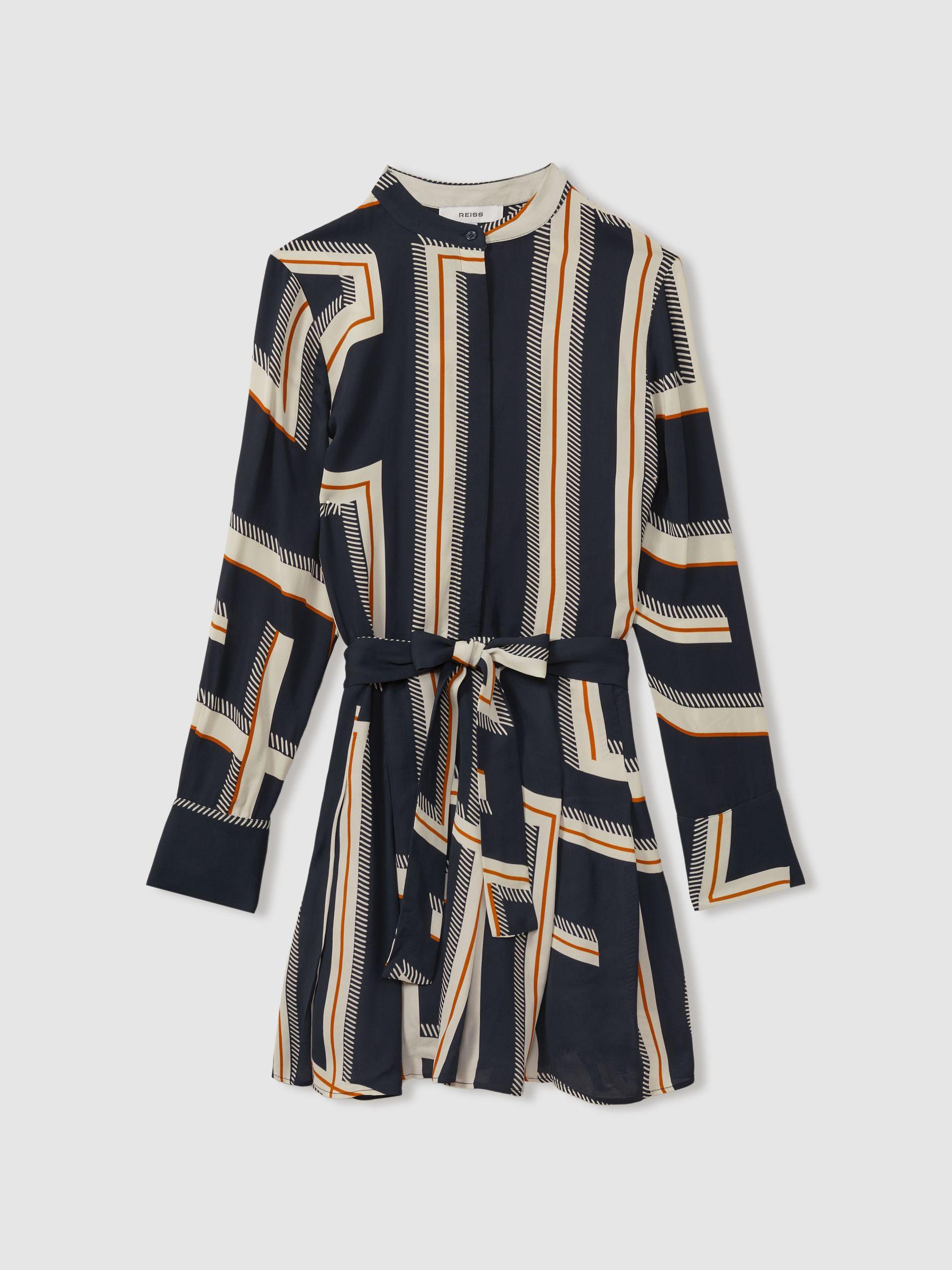 Ciara Navy Geometric Print Belted Mini Dress Product Image